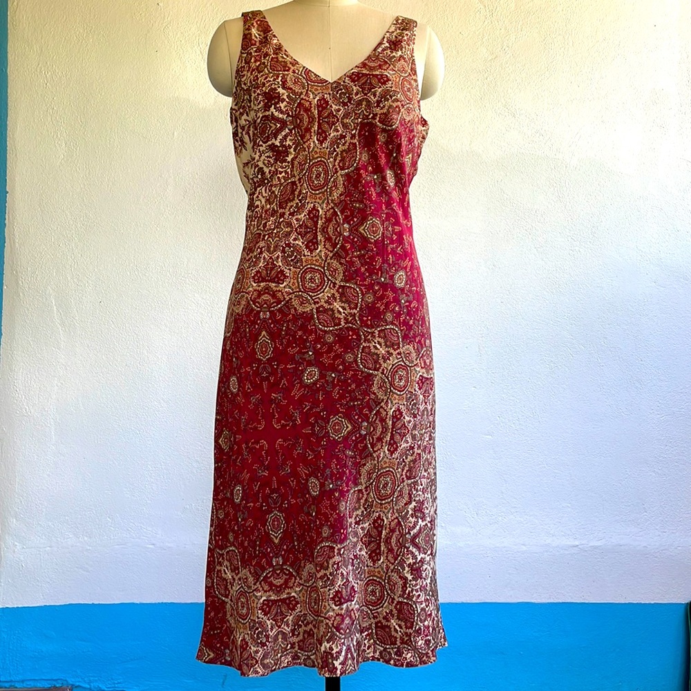 BANANA REPUBLIC Silk Midi Dress boho Floral Paisley V Neck - fully lined
